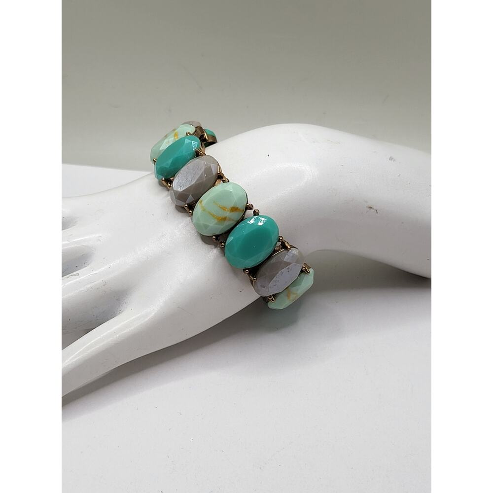 Vintage faceted oval glass stretch bracelet turquoise, gray marbled beads
